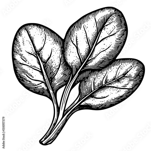 Detailed illustration of fresh spinach leaves on a white background showing their texture and shape