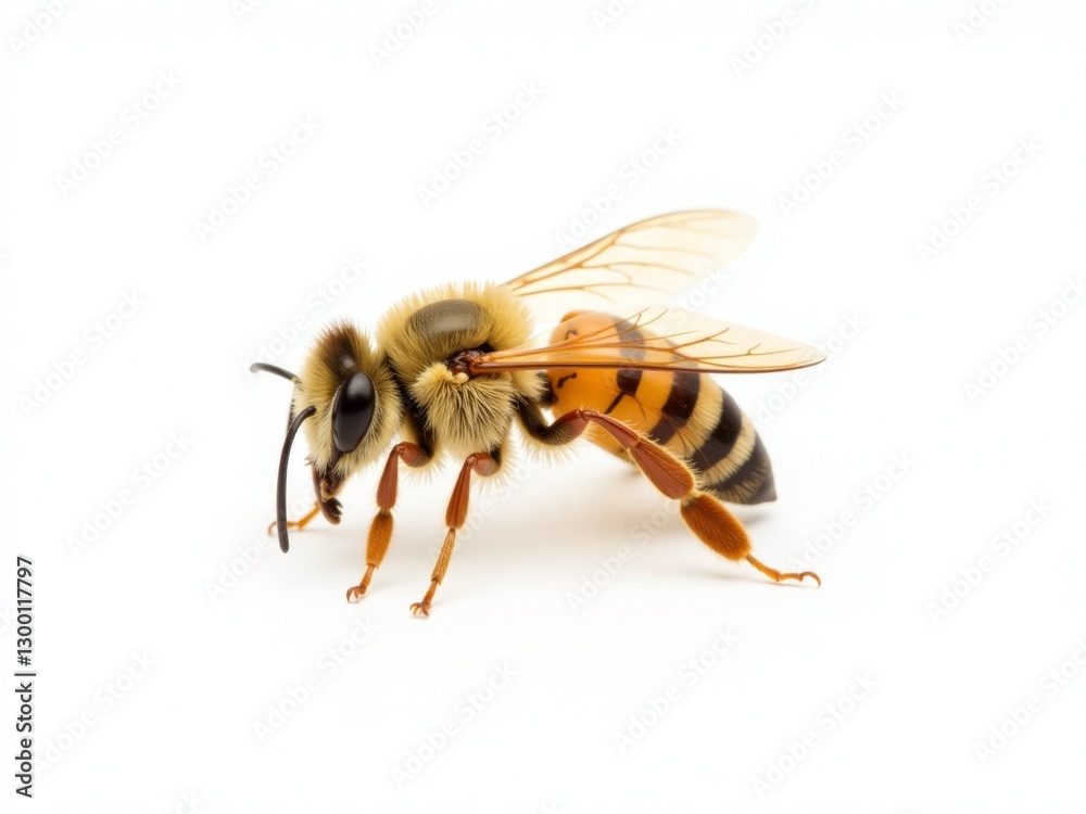 Detailed macro image of a honey bee, Apis mellifera, isolated on white. Shows intricate anatomy and golden coloration. Detailed macro image of a honey bee, Apis mellifera, isolated on white. Shows intricate anatomy and golden coloration.