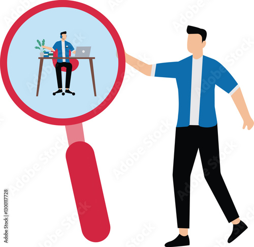 Employee monitoring in remote work, micro management watching every working steps, analyzing or evaluate employee, scanning performance or observation, businessman manager watch at employee working