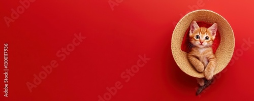 Ginger Kitten Curled Comfortably in Woven Basket on Red Backdrop Cuteness Overload photo