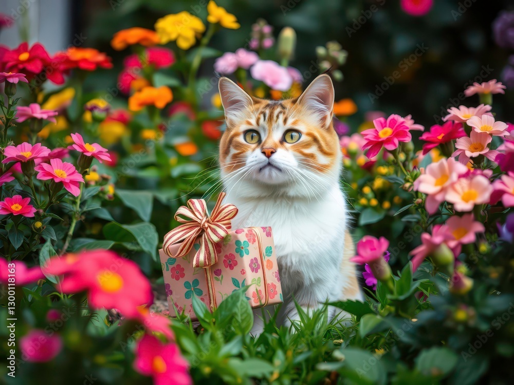 Cat with a Gift in a Beautiful Garden Surrounded by Lush Greenery and Flowering Plants Cat with a Gift in a Beautiful Garden Surrounded by Lush Greenery and Flowering Plants
