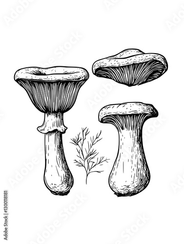 Detailed illustration of edible mushrooms showcasing their unique shapes and features in a botanical style