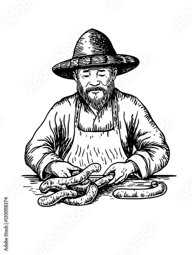 Skilled artisan prepares traditional sausages in a rustic workshop during daylight hours