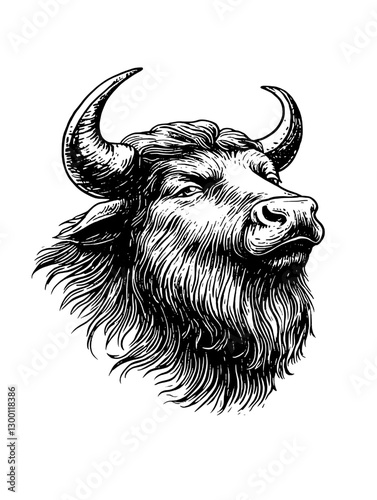 Intricate illustration of a majestic water buffalo showcased in detailed black and white line art