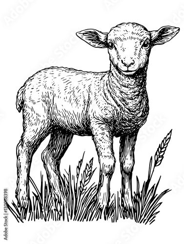 Vibrant young lamb standing in a grassy field surrounded by wheat stalks under clear skies in daylight