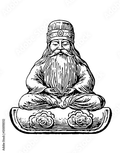 Ancient scholar in meditation pose on a decorative mat with intricate cloud designs in a serene setting