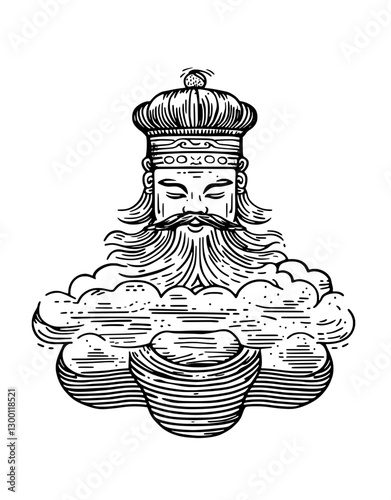 Ancient deity overseeing clouds with serene expression and flowing beard, representing wisdom and tranquility