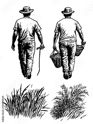Two farmers walking away from a lush field with baskets in hand during a sunny day