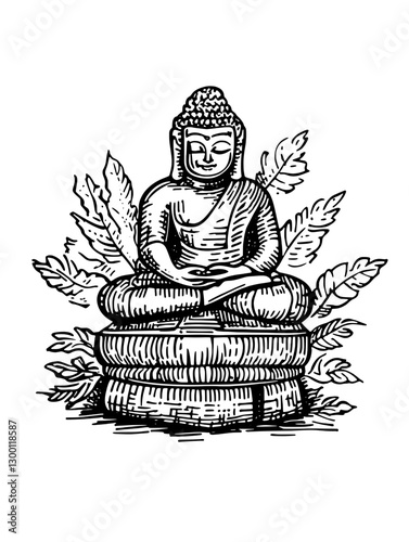 Buddha statue surrounded by foliage in a serene setting evoking tranquility and meditation