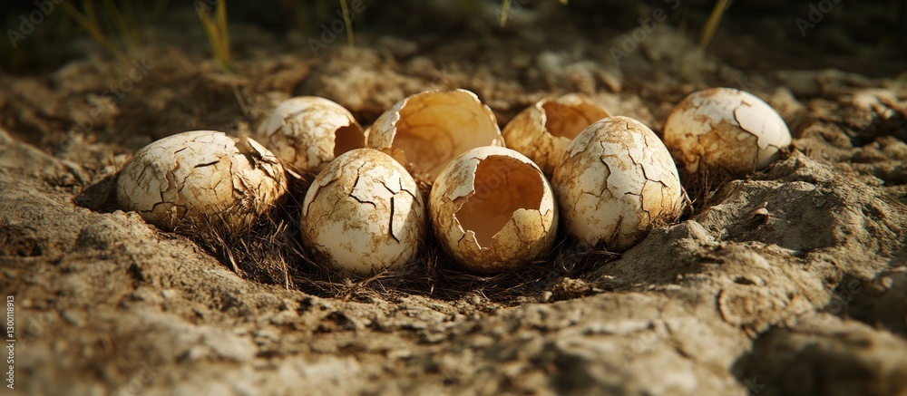 Fototapeta premium Nest of broken dinosaur eggs scattered in sandy earth with cracked shells showing shades of beige and brown, surrounded by soft grass.
