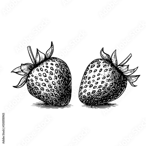 Fresh strawberries with detailed illustrations showcasing their unique texture and shape in a creative design
