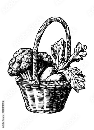Fresh vegetables in a woven basket showcasing seasonal produce like broccoli, carrots, and leafy greens