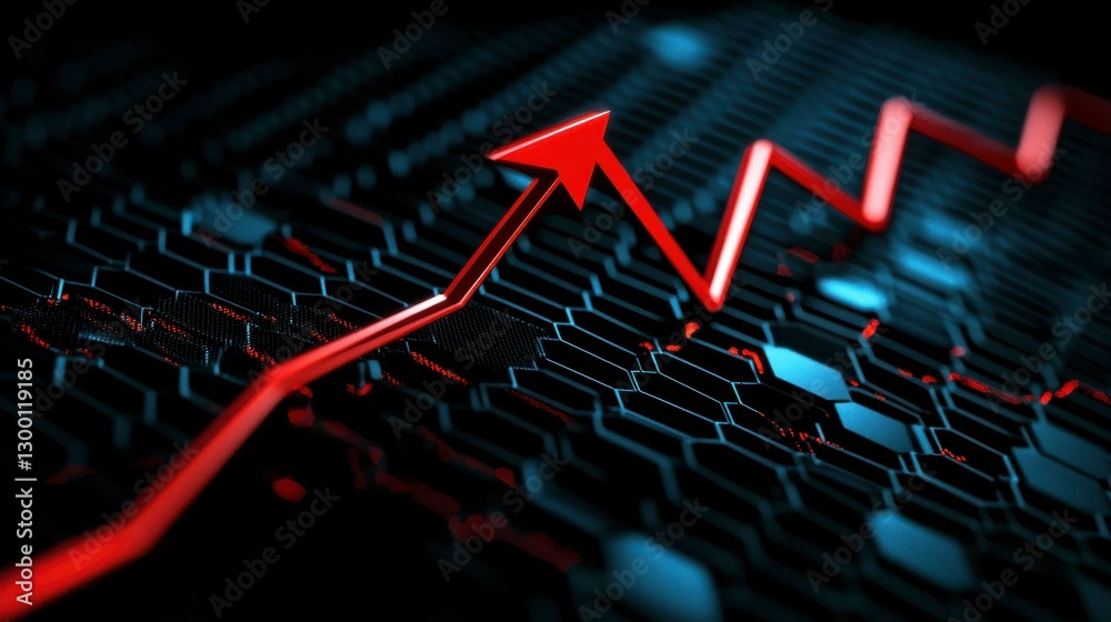 Fototapeta premium Red Arrow Growth Chart on Hexagon Grid Background