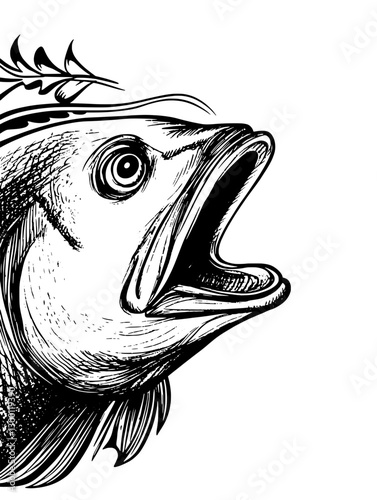 A striking black and white illustration features a fish with a wide-open mouth, displaying intricate details and natural elements