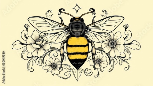  Art Nouveau Inspired Bee Illustration with Floral Elements and Intricate Linework