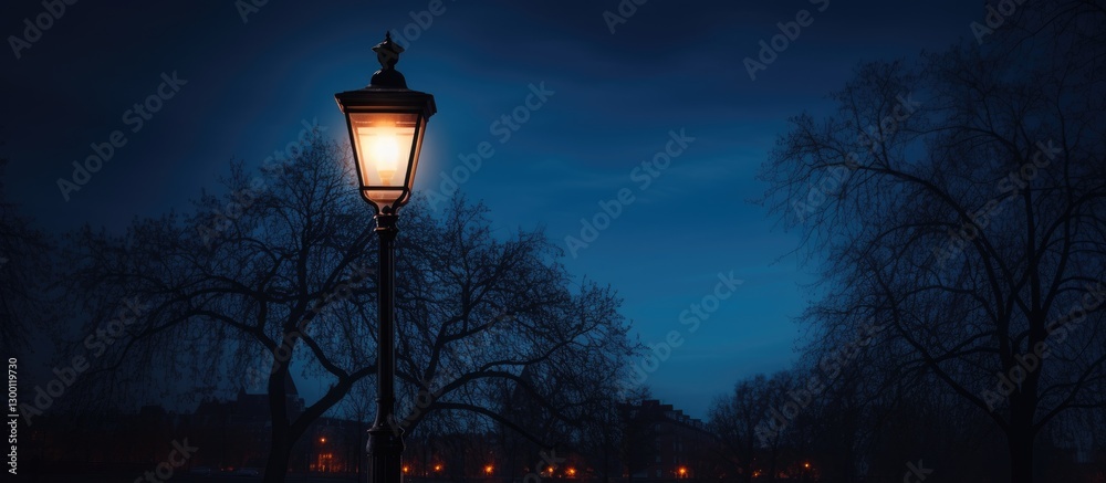 Glowing street lamp illuminating a dark park scene with silhouettes of bare trees against a deep blue twilight sky creating a serene atmosphere Glowing street lamp illuminating a dark park scene with silhouettes of bare trees against a deep blue twilight sky creating a serene atmosphere