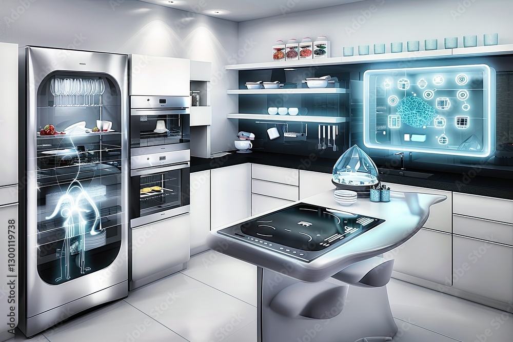 High-tech kitchen with AI-driven appliances, a holographic cooking assistant, voice-activated lights, and an ultra-modern monochrome aesthetic High-tech kitchen with AI-driven appliances, a holographic cooking assistant, voice-activated lights, and an ultra-modern monochrome aesthetic