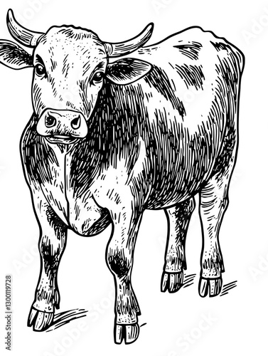 Drawing of a brown cow in a grassy field with clear skies highlighting a rural landscape approach