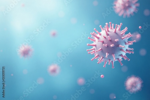 3D rendered coronavirus (COVID-19) particles on a blue background.