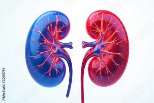 Red and blue anatomical kidney models, top view, isolated on white background.