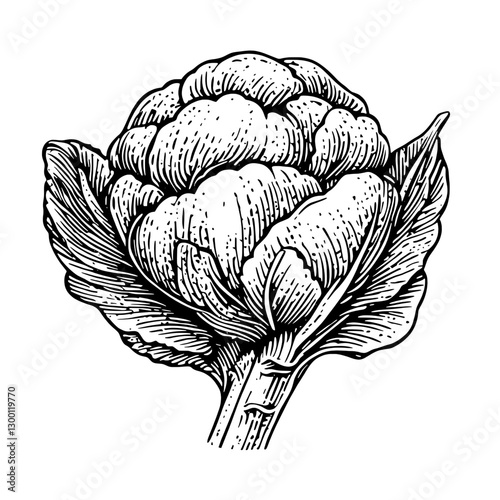 Detailed sketch of a cauliflower plant showing intricate leaf and flower design in black and white