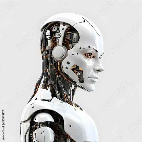AI robot in deep thought, side view, isolated on a transparent background.