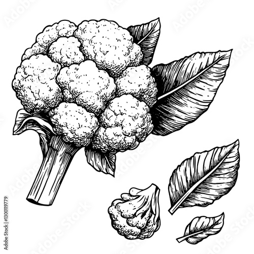 Illustration of a fresh cauliflower with detailed leaves and florets in black and white