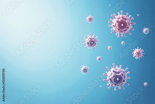3D rendered coronavirus (COVID-19) particles on a blue background.