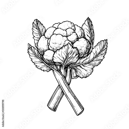 Detailed illustration of cauliflower with leaves in a cross arrangement on a plain background