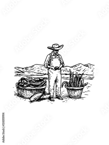 Farmer standing in a field with baskets of vegetables against a mountainous backdrop