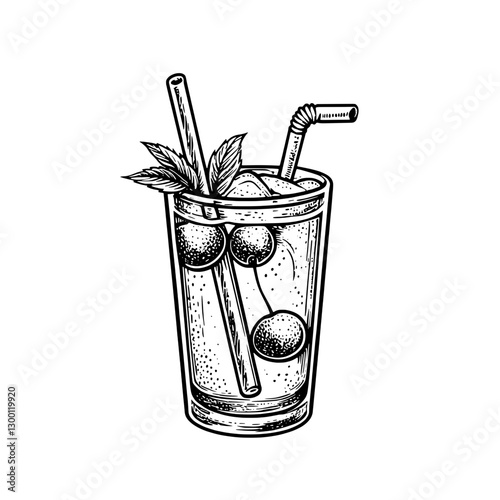 Refreshing drink with mint leaves and ice served in a tall glass with straws