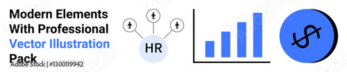 HR hub with upward arrows, bar graph indicating growth, dollar icon symbolizing finances. Ideal for business, HR analytics, startups, investment, economy, growth and flat landing page banner