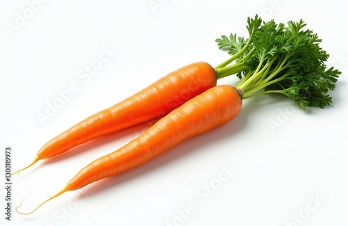 Two fresh carrots stacked on clear white surface showcasing vibrant colors, natural shape. Orange healthy root vegetable with green stems for cooking, vegetarian, vegan diet.