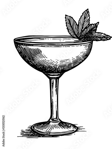 Elegant cocktail glass with mint leaves resting on the rim in a classic style illustration