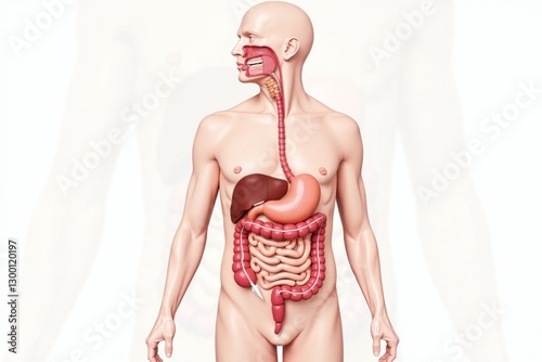 Human digestive system illustration within a male figure, isolated on white.