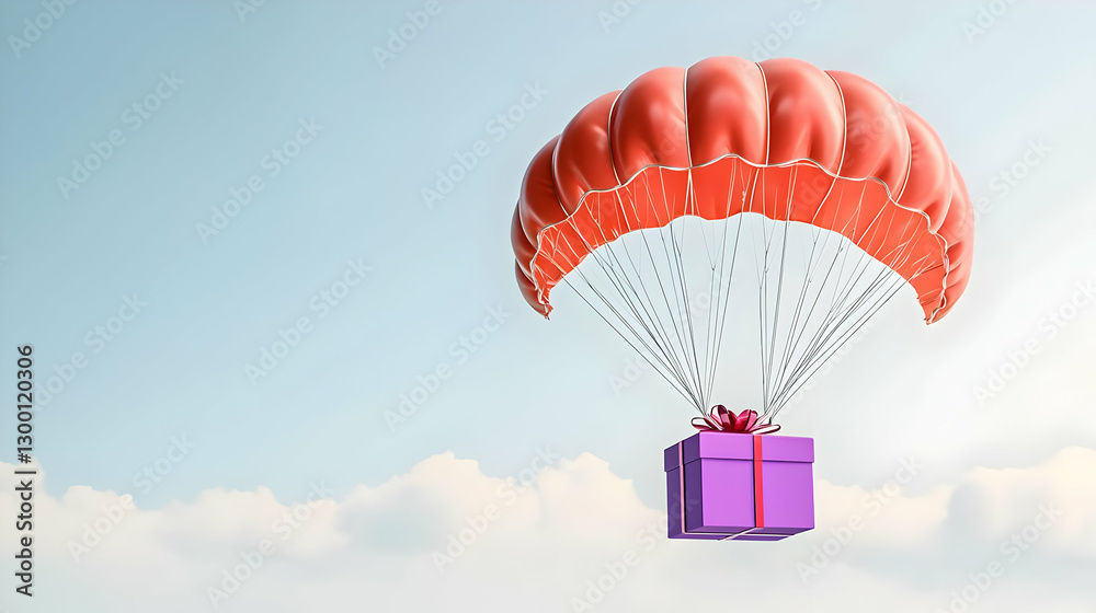 Obraz premium Purple Gift Box Hanging from a Red Parachute in a Bright Blue Sky with White Clouds