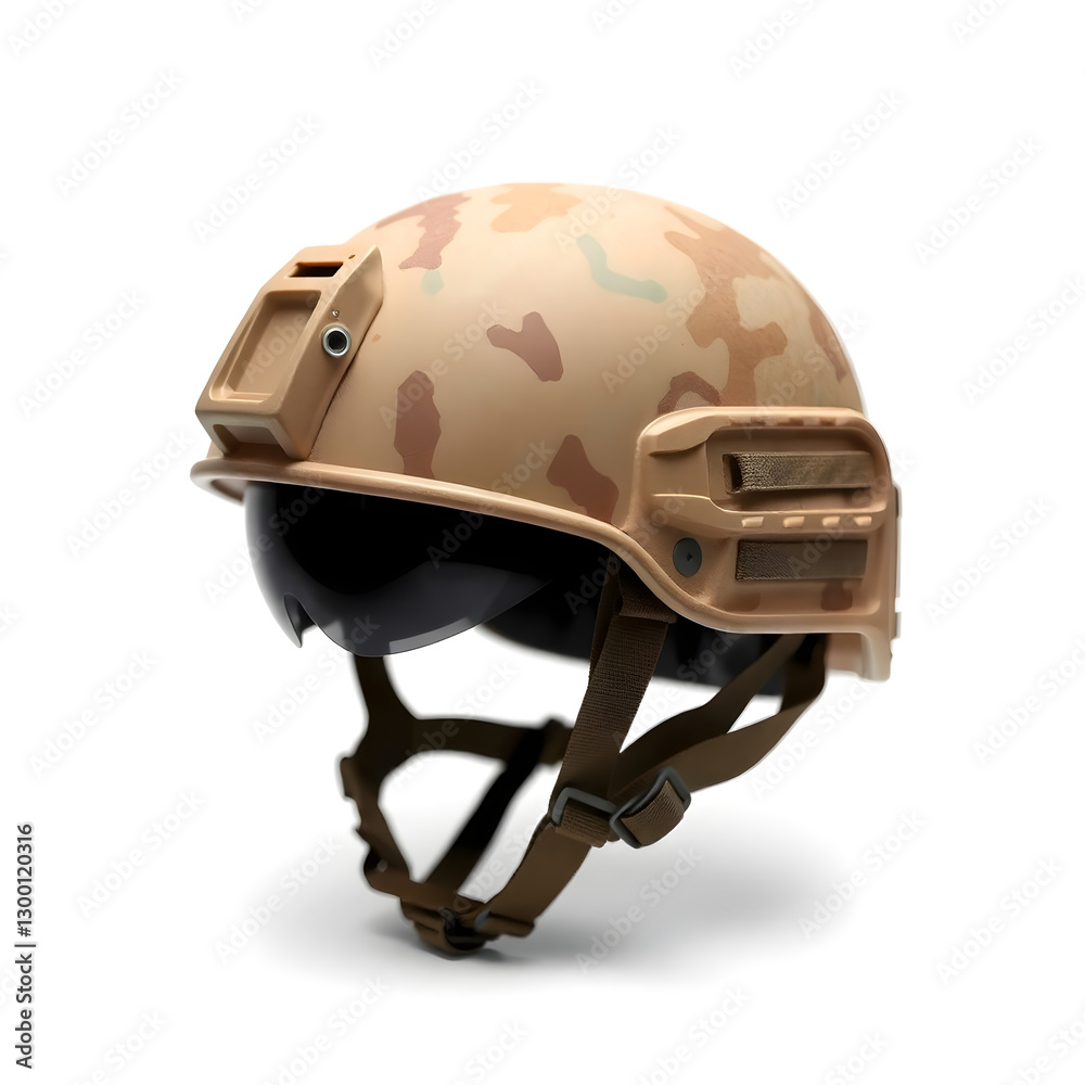 Naklejka premium Modern camouflage tactical military helmet with visor resting on white background