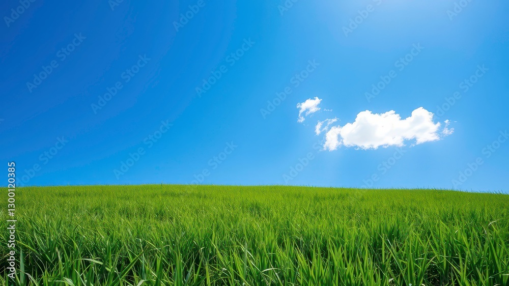 Vibrant Green Meadow with a Few White Clouds in the Expansive Blue Sky Vibrant Green Meadow with a Few White Clouds in the Expansive Blue Sky