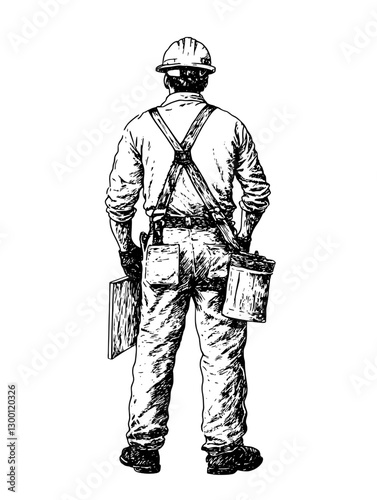 Construction worker preparing for a task at a work site during daylight hours in an urban environment