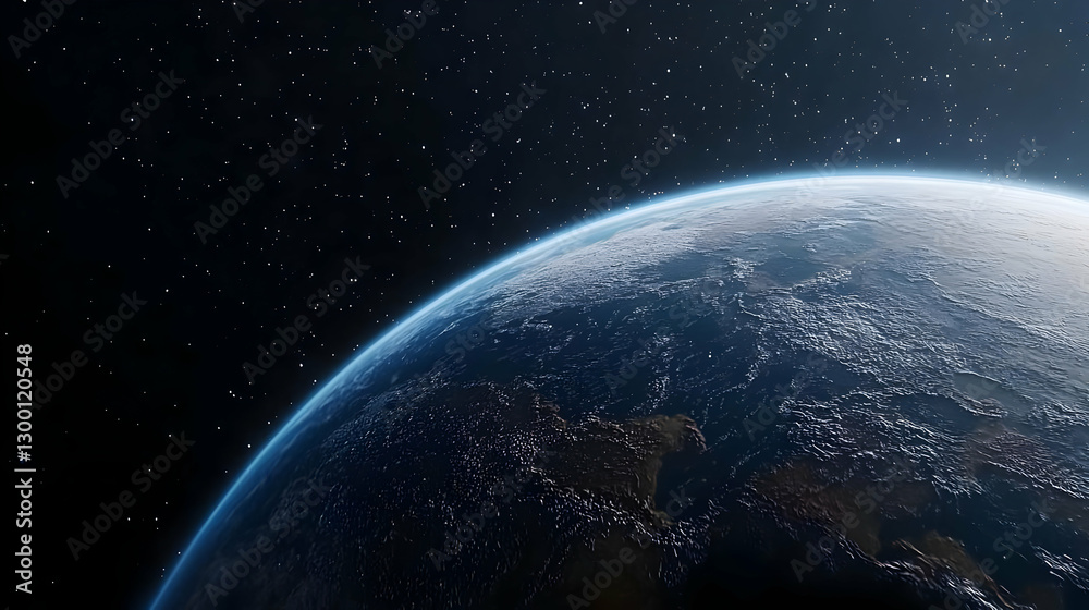 Fototapeta premium Blue Earth Globe in Space with City Lights Showing Earth's Atmosphere and Countless Stars