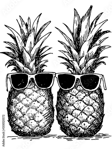 Two pineapples wearing sunglasses and enjoying a sunny day outdoors