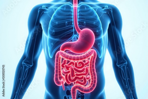 A detailed human digestive system depicted within a blue male figure, illustrating anatomy and biological function.