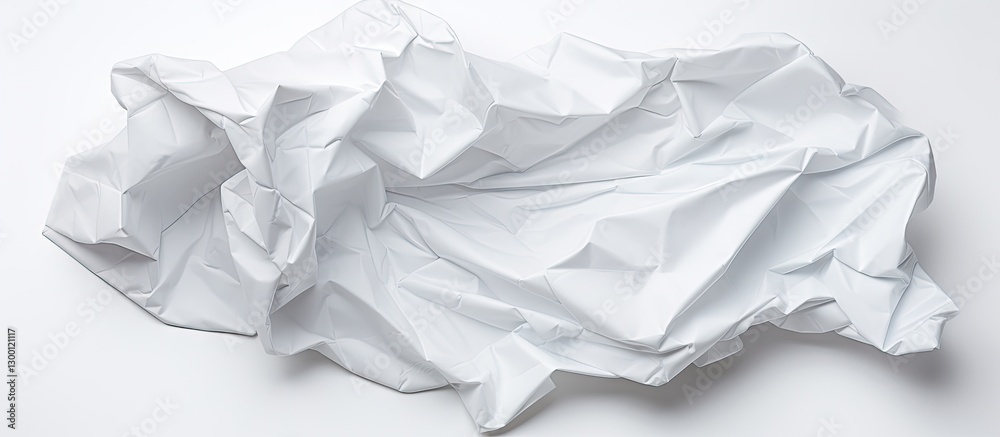 Crumpled white paper in an irregular square shape centered on a bright white background creating a clean minimalist aesthetic.