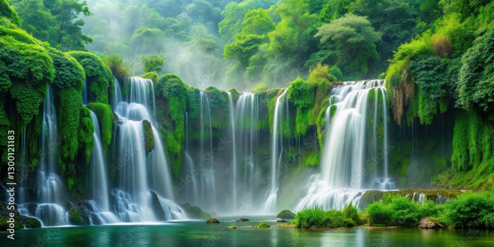 Obraz premium Emerald greenery sprawls down a cascading waterfall