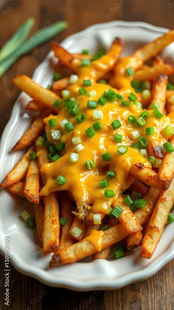 Oven baked fries with melted cheddar cheese and green onions, elegantly arranged on a vintage ceramic platter Oven baked fries with melted cheddar cheese and green onions, elegantly arranged on a vintage ceramic platter