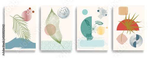 Modern artistic posters set with various design elements . Grunge textured shapes in art style . Wall art , home poster design . Vector abstract shape. Modern art . Contemporary poster set .