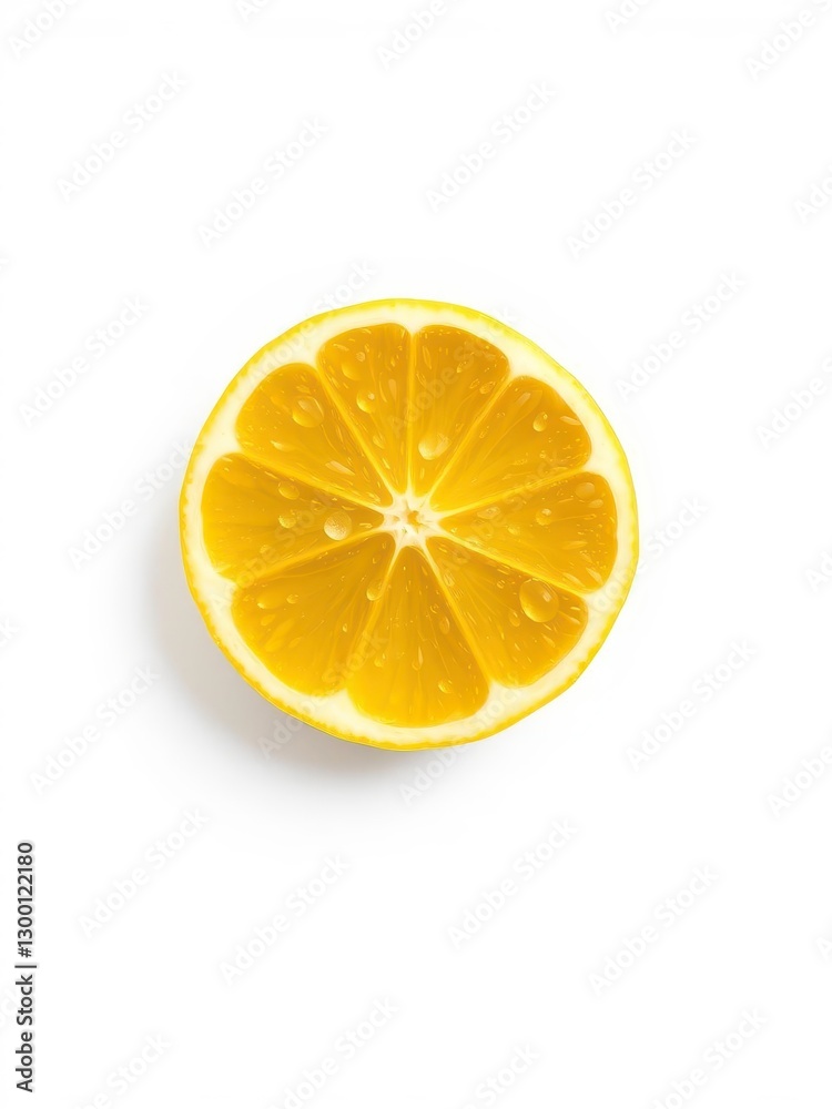 Golden Yellow Lemon Half with Dew Drops on a Clean White Background Golden Yellow Lemon Half with Dew Drops on a Clean White Background