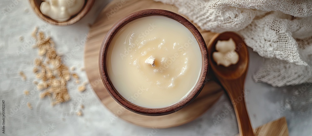 Natural soy wax in a brown bowl with a wooden spoon, surrounded by a textured cloth and a small bowl of solid wax, earthy tones, arranged elegantly. Natural soy wax in a brown bowl with a wooden spoon, surrounded by a textured cloth and a small bowl of solid wax, earthy tones, arranged elegantly.