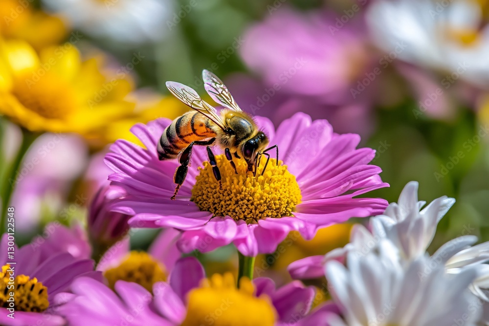 Honeybee Pollinating Pink Flower Close Up Macro Shot in Garden Honeybee Pollinating Pink Flower Close Up Macro Shot in Garden