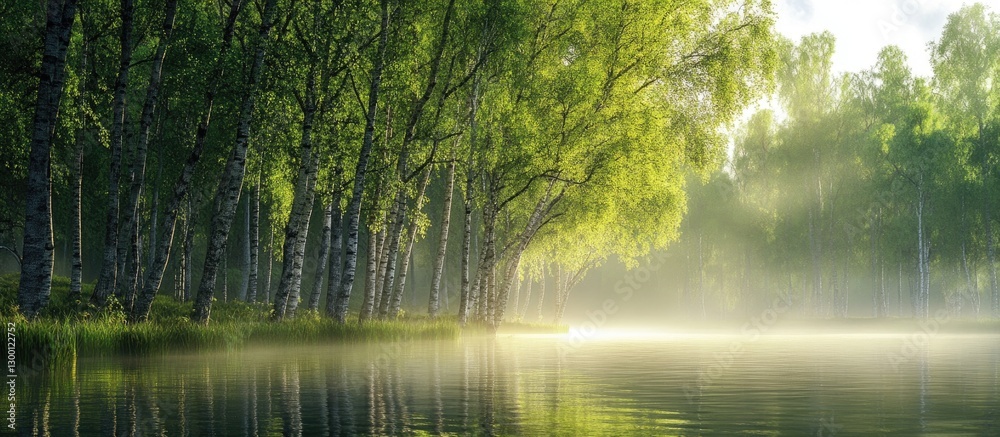 Serene landscape featuring lush green trees on a misty lake shore during sunrise with soft light reflecting on calm water surface Serene landscape featuring lush green trees on a misty lake shore during sunrise with soft light reflecting on calm water surface
